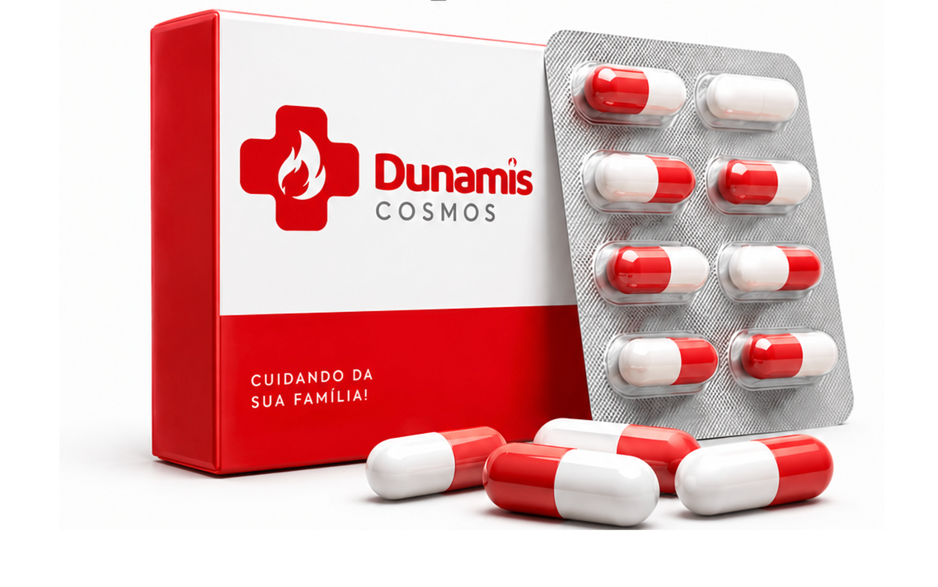 Medicamentos em embalagem com visual limpo de campanha