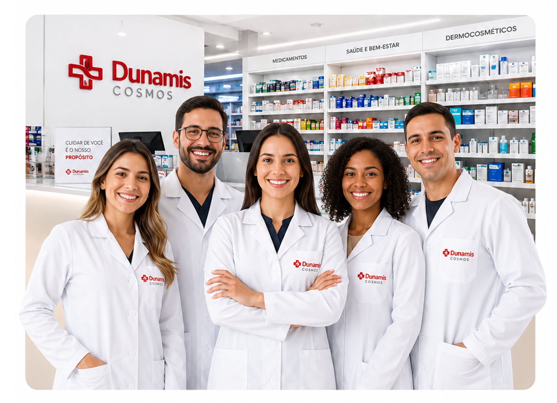 Equipe da Dunamis Cosmos em uma farmácia moderna