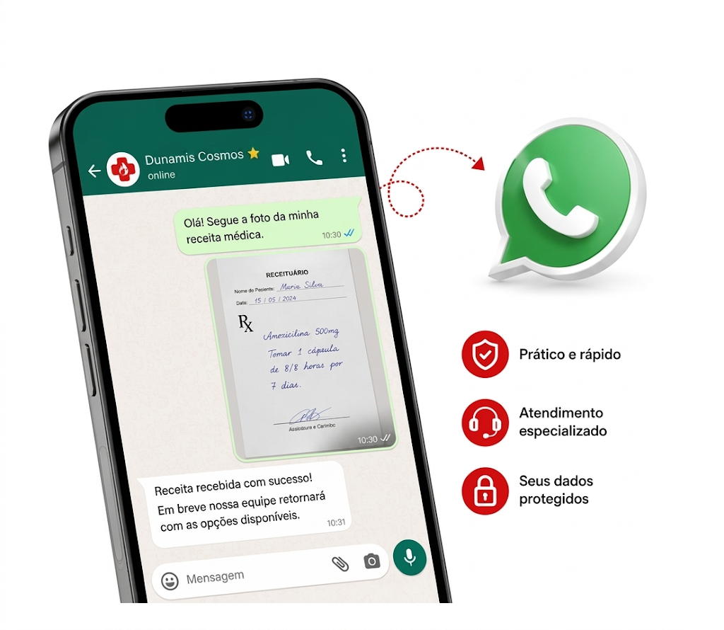 Celular exibindo conversa de atendimento farmacêutico por WhatsApp